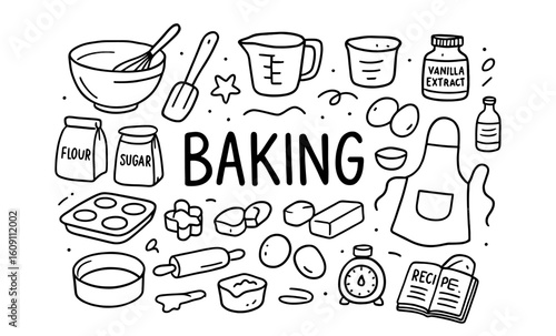 Hand-drawn baking elements with ingredients and utensils for creative kitchen designs
