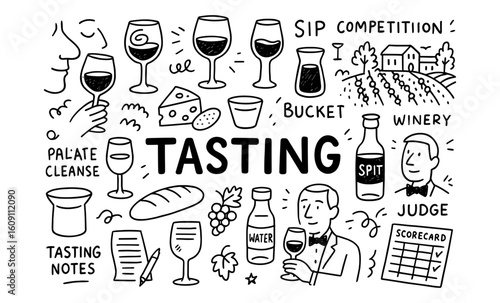 Wine tasting doodle with glasses, cheese, and scorecard elements