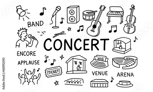 Hand-drawn concert elements with music instruments and venue icons