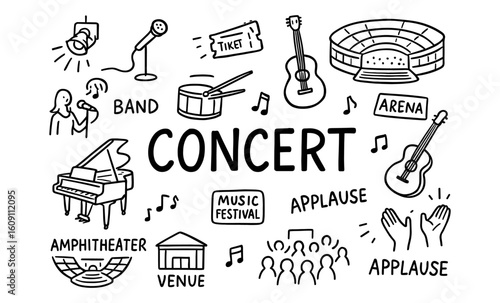 Concert elements: hand-drawn doodles of musical instruments and venue icons