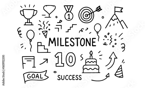 Celebrating milestone success with doodle style achievements and goals