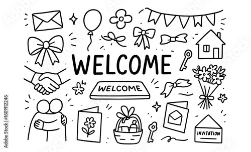 Welcome doodle set with icons of celebration and greetings in black and white