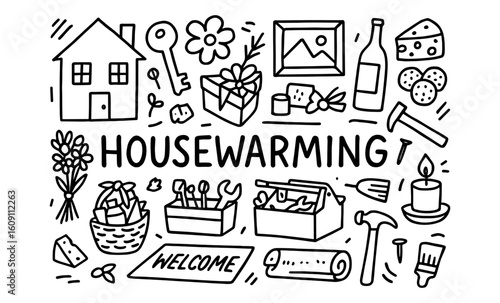 Housewarming doodle art: essential icons for a cozy home celebration