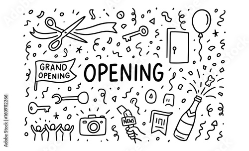 Flat grand opening celebration with doodles of keys, ribbon cutting, and confetti