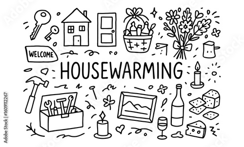 Playful doodle design celebrating a joyful housewarming gathering