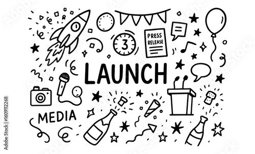Doodle style celebration of product launch with media elements
