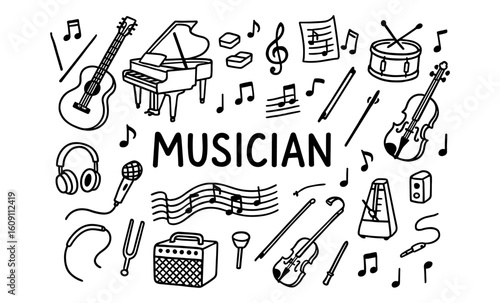 Musician doodle set with instruments and notes in black and white line art