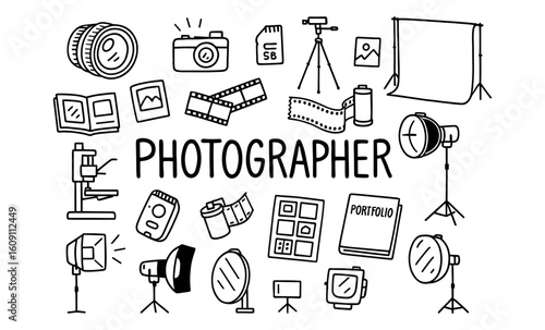 Photography elements doodle set: cameras, lenses, lighting, and equipment