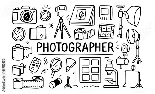 Hand-drawn photography equipment icons with doodles for creative projects