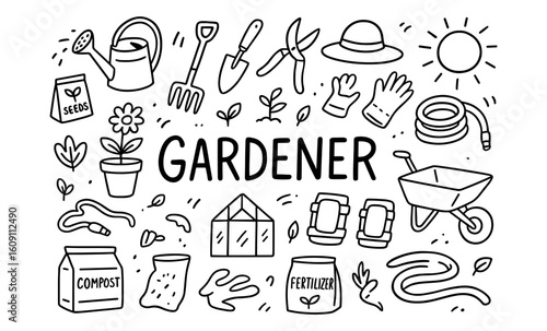 Gardening tools and supplies: hand-drawn doodle collection