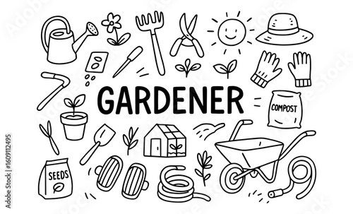 Gardening tools and elements in doodle style with hand drawn icons