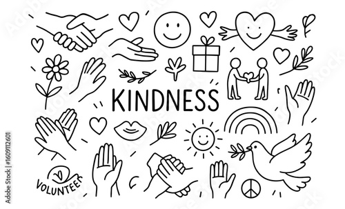 Kindness symbols and hand-drawn doodles with hearts and peace signs