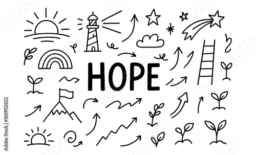 Hope and positivity doodle collection with arrows, stars, and growth elements