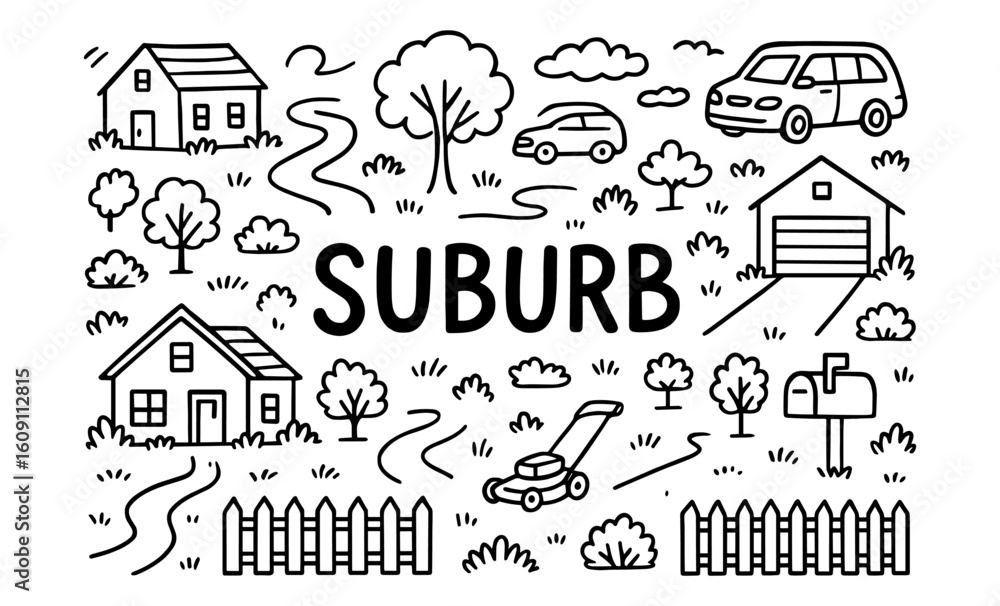 Fototapeta premium Charming suburb design with houses, trees, and cars in linear style
