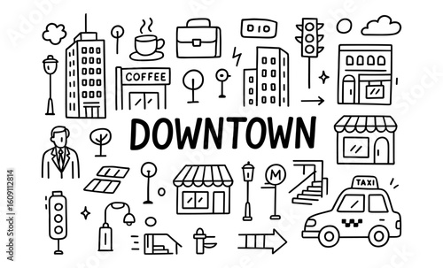 Hand drawn downtown elements with coffee shop, taxi, buildings, and more