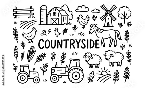 Charming countryside doodles with farm animals and rustic scenes