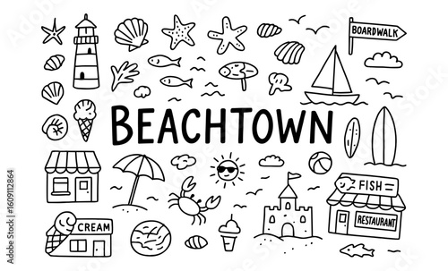 Beach town doodles: summer icons with lighthouse, ice cream, sandcastle, and more