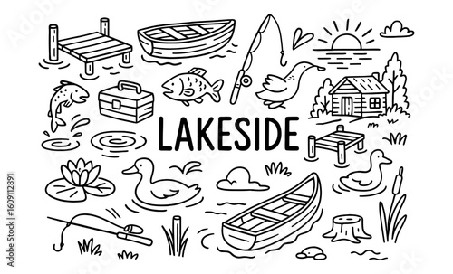 Lakeside doodle collection: charming nature and fishing elements