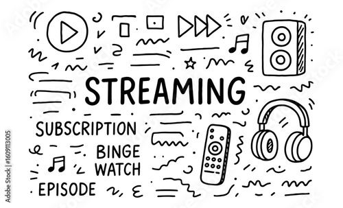 Streaming media doodle with headphones and remote control elements