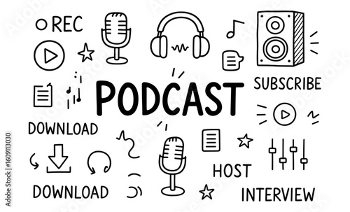 Doodle style podcast icons with microphones and media elements for audio content