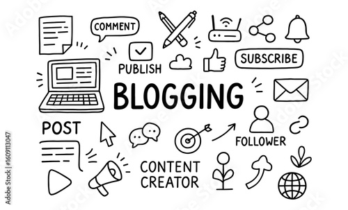 Hand drawn blogging elements with laptop and social media icons