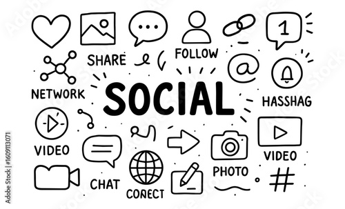 Hand drawn social media icons with communication and networking elements