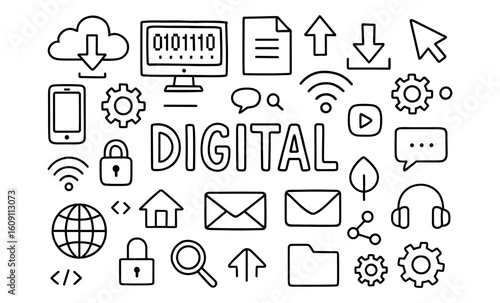 Digital technology doodle icons set featuring data, security, and communication elements