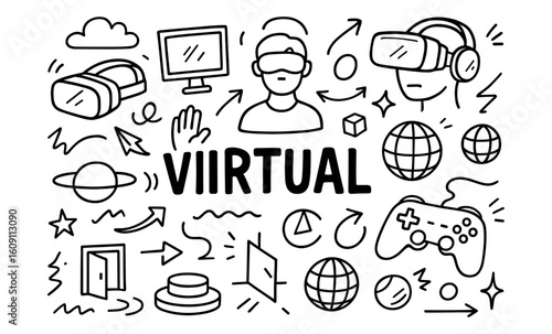 Immersive virtual reality doodle art featuring headsets and gaming elements