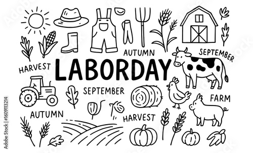 Labor day doodles: autumn and harvest farm elements in black and white