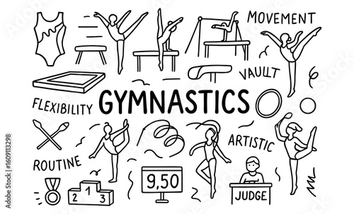 Hand drawn gymnastics elements and poses: artistic movement and flexibility