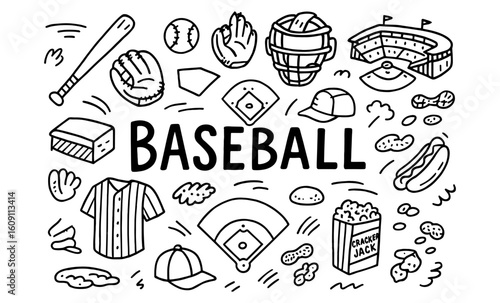 Hand-drawn baseball elements with doodles of equipment and snacks