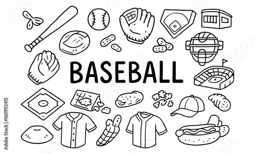 Baseball doodle icons set: hand-drawn elements, equipment, food, and stadium in sketch style