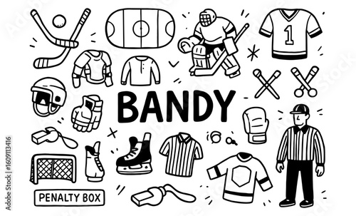 Bandy sports elements set: equipment and players in doodle style