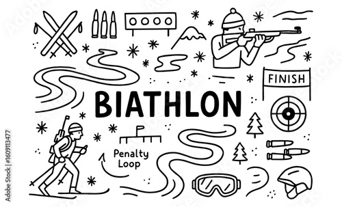 Biathlon sport doodle: skiing and shooting winter icons in hand-drawn style