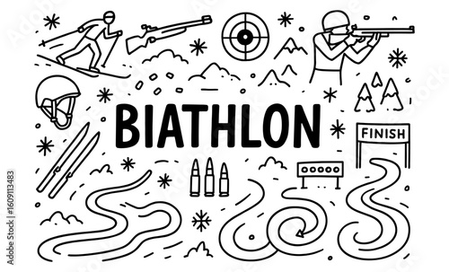 Biathlon doodle art: skiing and shooting elements in black and white