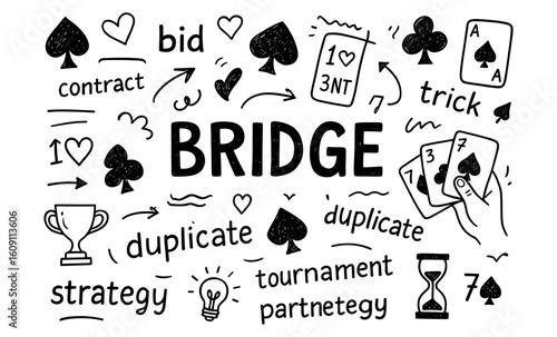 Bridge card game doodle elements with spades and hearts