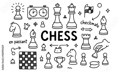 Classic chess doodles featuring pieces, board, and strategy elements in hand drawn style