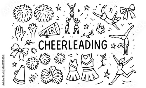 Cheerleading doodle art with pom poms, megaphones, and gymnastic poses