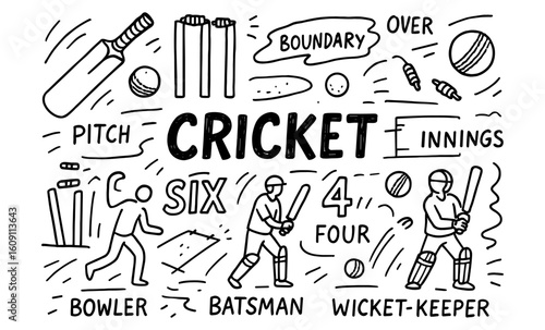 Hand-drawn cricket elements with players and equipment on field