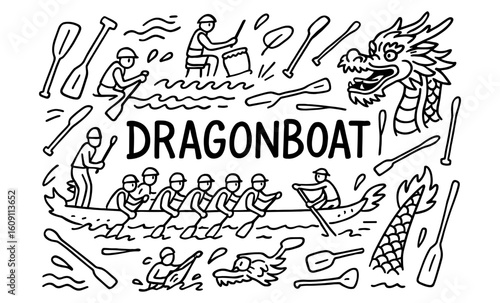 Dragon boat racing doodle with paddles and drummers in dynamic outline art
