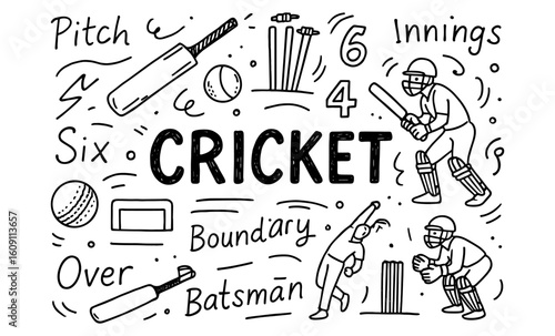 Cricket doodle art: sports enthusiasm in hand drawn style
