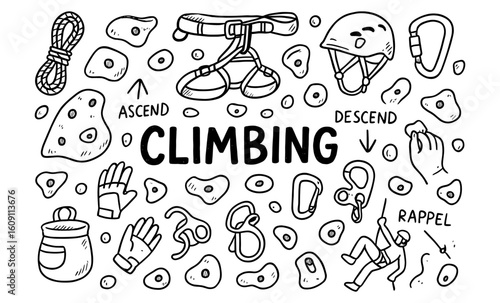 Hand drawn climbing essentials with equipment and techniques in black and white