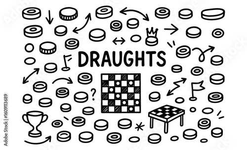Hand drawn draughts elements and pattern with checkers board and pieces