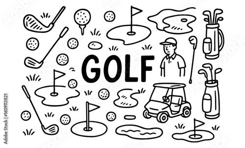 Golf doodle set with clubs, balls, and cart in black and white linear style