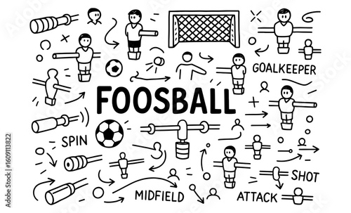 Foosball doodle design: playful and dynamic hand-drawn art of table soccer elements