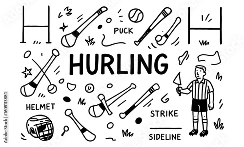 Hand-drawn hurling icons and equipment with whistle-blowing referee