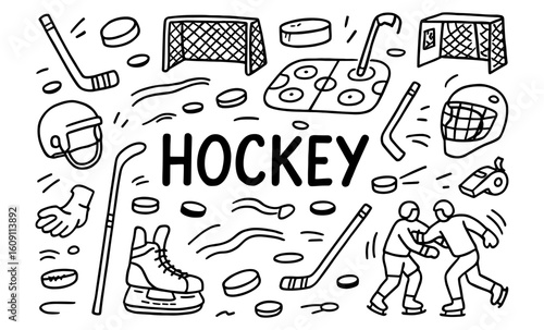 Hand drawn hockey icons set: equipment, rink, action, and pucks