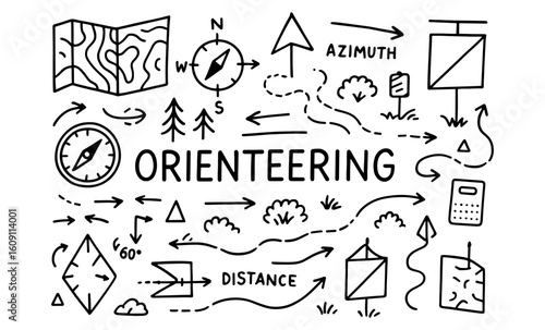 Orienteering adventure: map icons, compasses, and route symbols in hand-drawn style