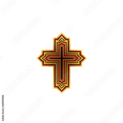 Modern depiction of an Ethiopian cross in abstract vector form, layered colorful segments of gold, red, and black. Geometric symmetry, glowing edges, transparent background, no text.