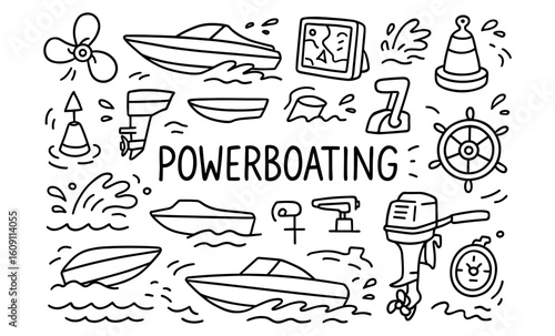 Powerboating line art: boats, accessories, and water adventures in black and white